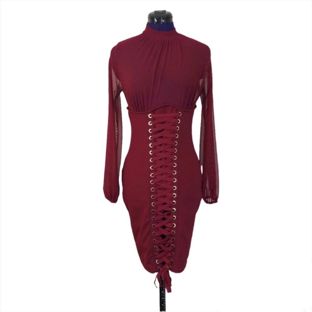 Iris Burgundy Lace Up Mesh Long Sleeve Dress
